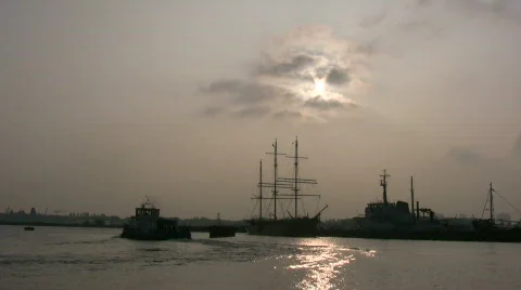 Sun sets over a moored Clipper. Stock Footage 89787