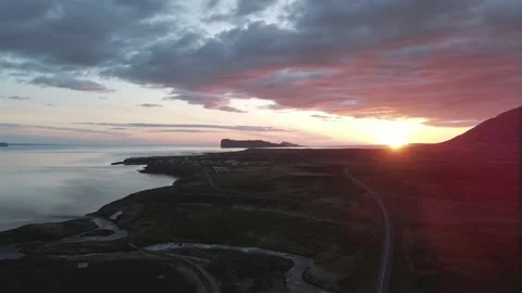 Sun sets over a small town in north Iceland, 4K Stock Footage