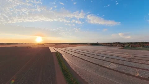 Sun sets over tilled fields, casting golden light Vidéo 342562304