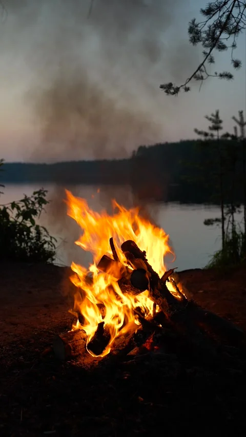 As the sun sets over a tranquil forest lake, a campfire glows on the shoreline Video stock 315220505