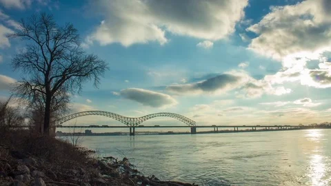 Sun setting across river in Memphis during winter Stock Footage 79543367