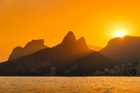 Sun Setting Behind Mountains of Rio de Janeiro 写真素材