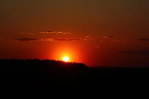 The sun setting behind a silhouette of trees in a field. Stock Photos