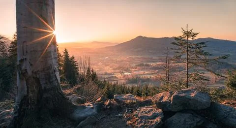 Sun setting down in the mountains. Sunstar behind the tree in the Beskid Foto stock