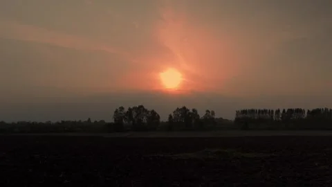 The sun is setting on the fields and trees Stock Footage 275592431