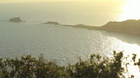 Sun setting on Mediterranean with foilage Stock Footage 12532054