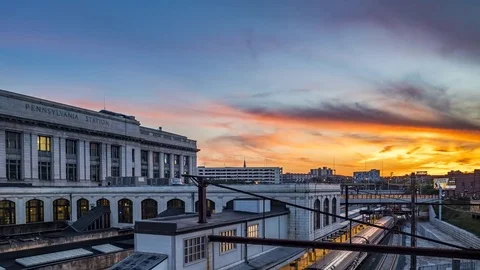 Sun Setting Over The Baltimore Train Station Timelapse Video stock 82053280