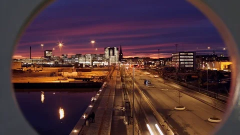 The sun setting over the city of Aarhus in Denmark Stock Footage 86119016