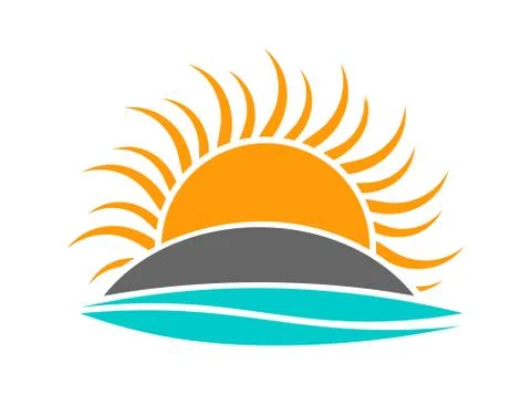 Sun setting over island and sea wave icon logo. Vector illustration Illustrazione stock