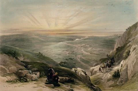 Sun setting over landscape with Cana in the distance, Israel. Coloured lith.. Stockillustratie