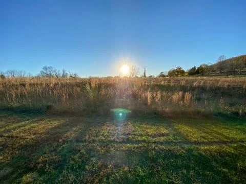 The Sun Setting Over a Large Field of Crops on a Clear Blue Sky Stock Photos