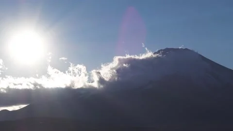 Sun setting over Mount Fuji from lake Yamanaka, Yamanashi Prefecture, Japan Stock Footage 151433456