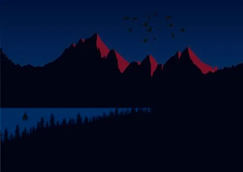 Sun setting over mountain peaks. Dark landscape with lake and lonely boat Stock Illustration
