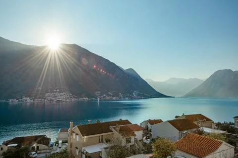 The sun is setting over the mountains, the view from the top. Montenegro, Kotor Stock Photos