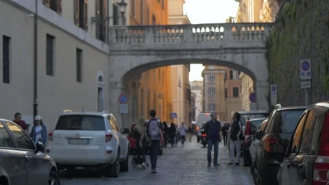 Sun Setting Over Pedestrian Bridge In Historical City Center, Rome, Italy Stock Footage 154944261