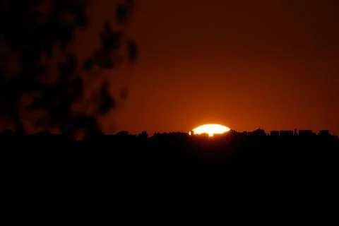 The sun setting over the plains behind a branch in El Cañaveral, Madrid Stock Photos