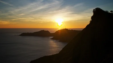 Sun setting over a tranquil bay. Video stock 88342523