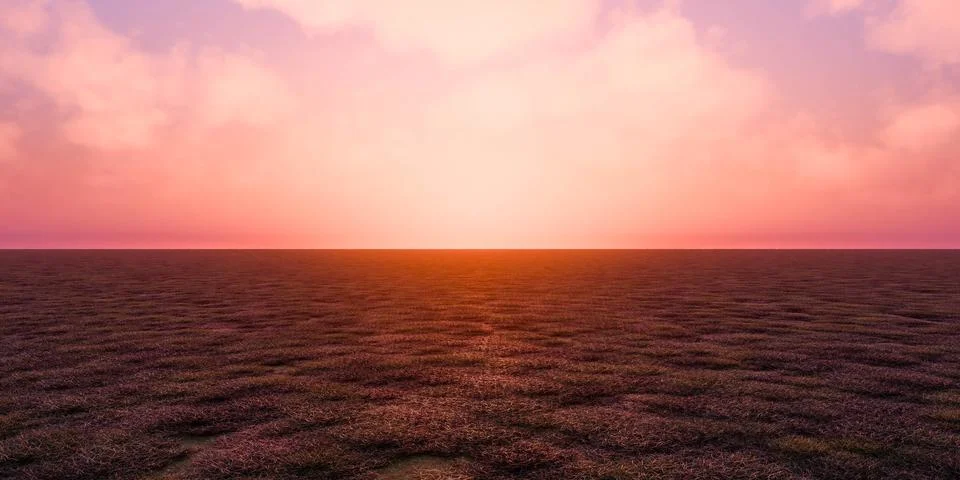 Sun setting over vast grassland 3d render illustration Stock Illustration