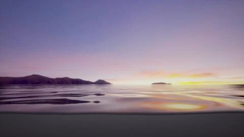 The sun is setting over the water with mountains in the background Stock Illustration