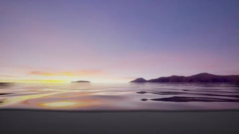 The sun is setting over the water with mountains in the background Stock Illustration