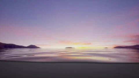 The sun is setting over the water with mountains in the background 스톡 일러스트