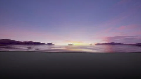 The sun is setting over the water with mountains in the background Stock Illustration
