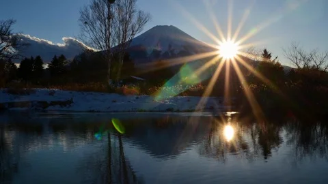 The Sun Setting on the Shoulder of Mt. Fuji Reflected in a Pond Stockbeeldmateriaal 86150573
