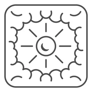 Sun shine through clouds thin line icon, weather and climate concept, sunshine Stock Illustration