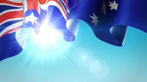 The sun shines with golden rays through the waving flag of australia. Australian Stock Illustration