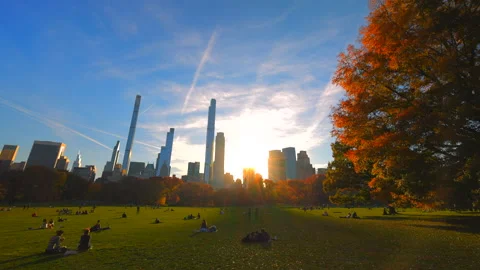 The sun shines over the Manhattan skyscraper beyond Central Park NYC Stock-Footage 170203827