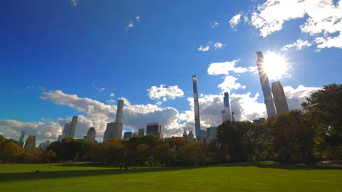 The sun shines over the skyscraper beyond the Central Park NYC Vídeo Stock 170158080