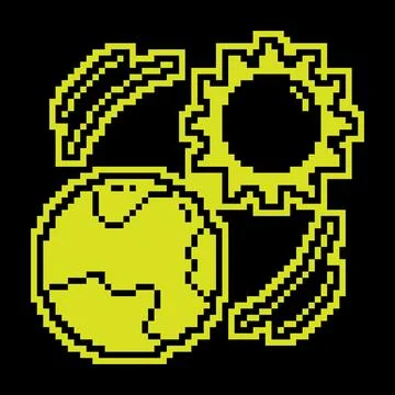 Sun shines on planet Earth Pixel silhouette icon. Changing seasons on plane.. Illustrazione stock