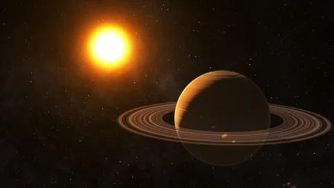 The sun shines on Saturn in space high quality 3d illustration. Ilustração Stock