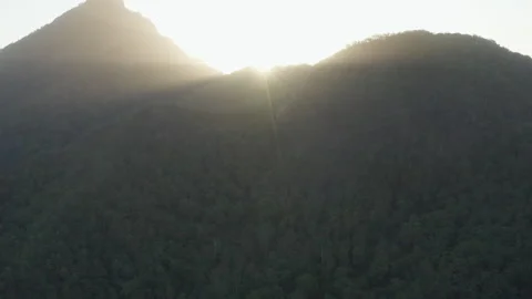 Sun shines through Sacred mountain Summit , Australia, QLD, Gondwana, Wollumbin Stock Footage 236511098