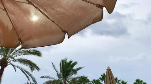 The sun shines through the umbrella to the sunbed lying on the beach Stock Footage 115542387