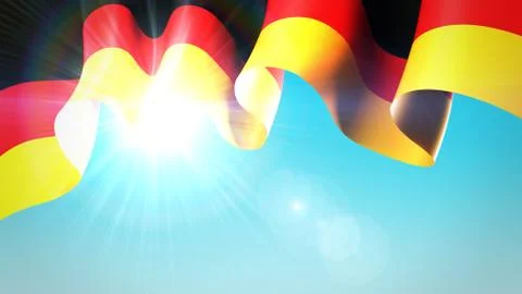 Sun shines through waving flag of germany. Flag on blue sky for banner design Stock Illustration