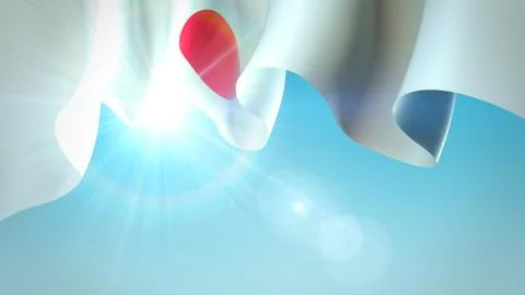 The sun shines through the waving flag of japan. Waving japan flag on blue sky Stock Illustration