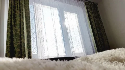 The sun shines through the window with green curtains, modern home interior Stock Footage 153132555