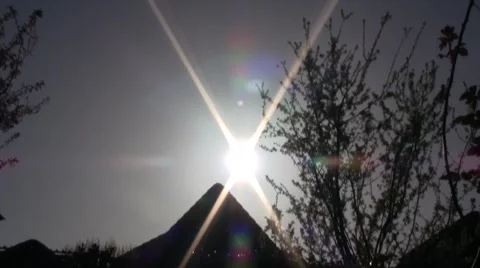 Sun shing from behind house and tree Stock Footage 5165478