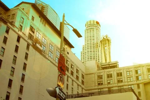 Sun Shining on Bank at intersection of 2nd Street in Downtown Los Angeles Stock Photos