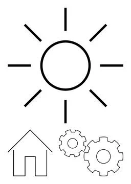 Sun shining brightly, simple house outline, adjacent to two interlocking gear Stock Illustration