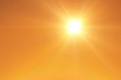 Sun is shining in flat design sky with smooth orange-to-gold gradient and Stock Photos