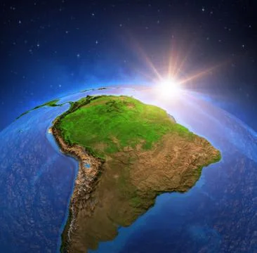 Sun shining over Amazonia and .Andes Cordillera from space Stock Illustration