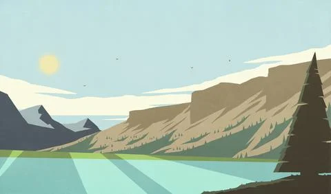 Sun shining over beautiful summer mountain lake Ilustração Stock