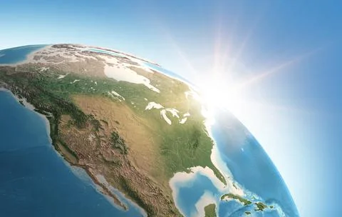 Sun shining over the Earth. North America, USA and Canada. Stock Illustration