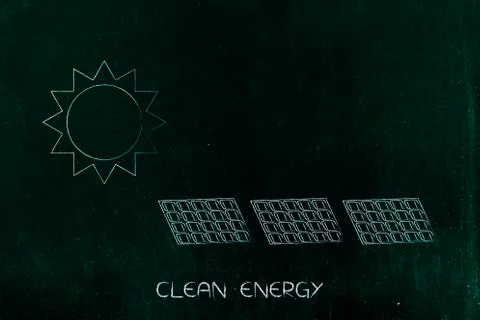 Sun shining over solar power panels Ilustração Stock
