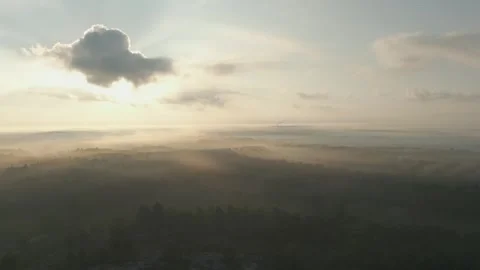 Sun shining through clouds over misty forest Video stock 293158211