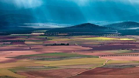 Sun shining through heavy stormclouds on dirt road through colorful agricu... Stock Photos