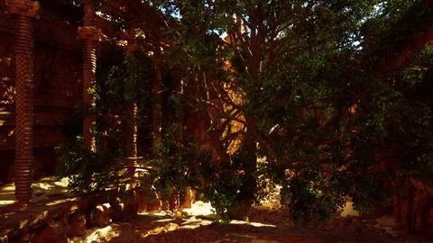 The sun is shining through the trees on the side of a building Ilustración de archivo