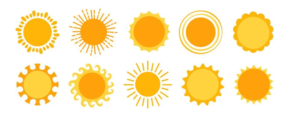 Sun simple yellow set solar summer shine symbol with sunbeams collection holiday Stock Illustration